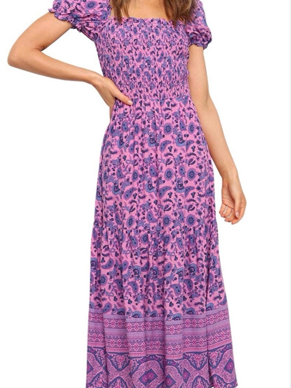 Pink Floral Smocked Maxi Dress with Puff Sleeves